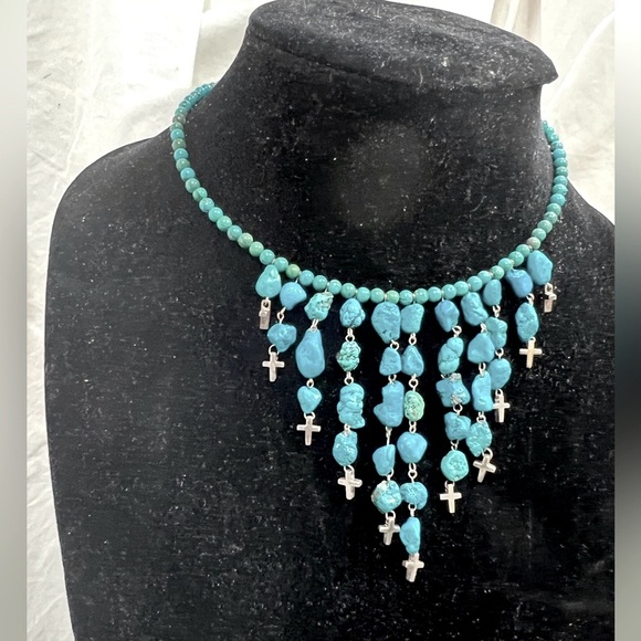 Turquoise Choker Necklace With Sterling Silver Crosses and Clasp Adjustable. - Picture 2 of 9